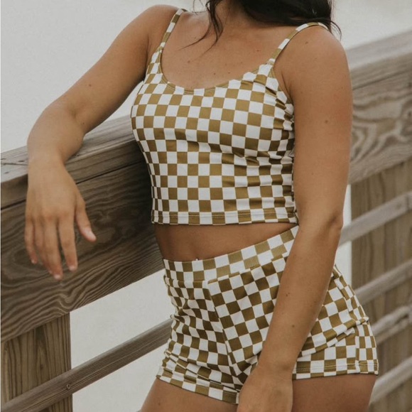 NWT Checkered Crop Top and Shorts Swim Set - Picture 1 of 2